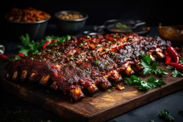 A mouthwatering image featuring sauce-coated ribs on a wooden cutting board, promising a scrumptious barbecue experience, ribs cooked with memphis-style dry rub on a board, AI Generated - obrazy, fototapety, plakaty