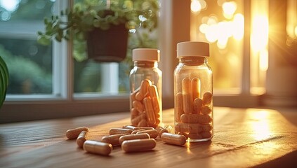 Healthcare and pharmaceutical concept with pills and medicine bottles. Natural supplements and vitamins for wellness and treatment. Medication pharmacy and health pills and herbal remedies in glass - obrazy, fototapety, plakaty