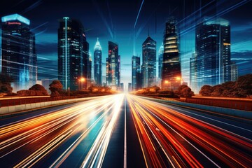 Captivating long exposure photograph showcasing the vibrant city lights amidst the darkness of the night, road in city with skyscrapers and car traffic light trails, AI Generated