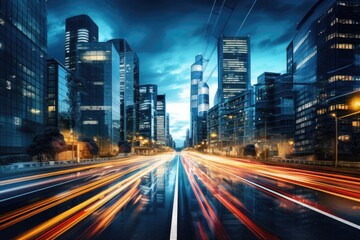 This image captures the dynamic hustle and bustle of a city street at night through a long exposure...