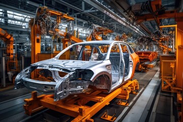 Witness the systematic assembly of a car as it goes through the production line at a manufacturing facility, Robotic assembly line in an automotive factory, AI Generated