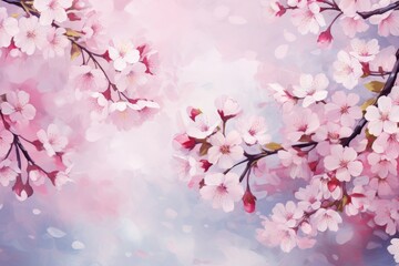 A vibrant painting featuring pink flowers against a soothing blue background, Sakura, Cherry blossom, Spring flowers, Floral background, AI Generated