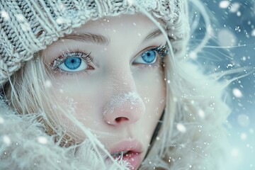 Close-up portrait of blonde woman, flying snowflakes, winter