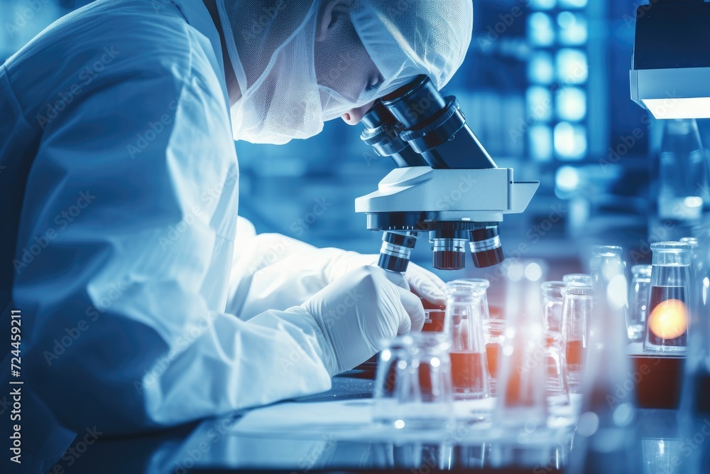 Poster a scientist diligently studies specimens using a microscope in a laboratory setting, scientist worki