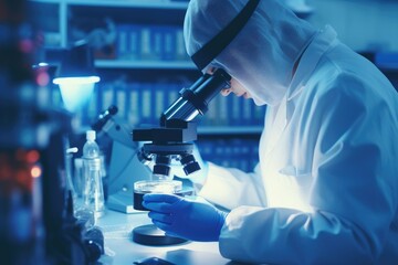 Fototapeta premium A scientist wearing a lab coat investigates various samples using a microscope in a laboratory, scientist working with microscope in laboratory close up hands, AI Generated