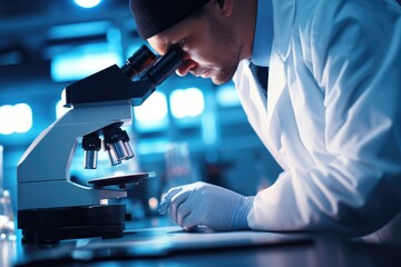 A researcher in a lab coat concentrating as he analyzes samples through a microscope, scientist working with microscope in laboratory close up hands, AI Generated
