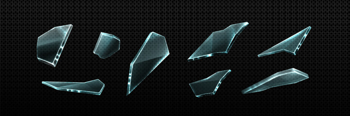 Broken glass shatter and piece. Realistic vector illustration set of explode mirror shard fragment. flying transparent sharp debris elements of smithereens beaten crystal or ice on dark background.