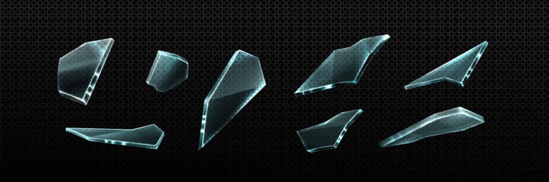 Broken glass shatter and piece. Realistic vector illustration set of explode mirror shard fragment. flying transparent sharp debris elements of smithereens beaten crystal or ice on dark background.