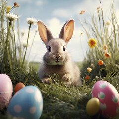 Fototapeta premium Easter bunny and eggs on green grass. Easter holidays concept.