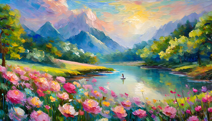 Beautiful watercolor nature spring landscape - obrazy, fototapety, plakaty