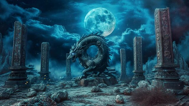a sacred Chinese dragon statue with a view of a cloudy moon. seamless looping time-lapse virtual 4k video animation background.