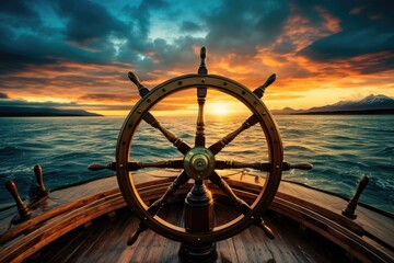 A close-up image of the wheel of a boat on a body of water, used for steering and guiding the vessel through the waves, ship wheel on boat with sea and sky, AI Generated