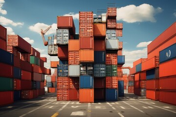 A towering structure created by multiple stacked containers, forming a collection of storage units, Shipping Containers Stacked High in a Storage Yard, AI Generated