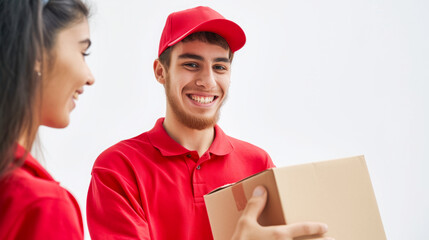 a delivery boy with a beaming smile handing over a package to a satisfied recipient