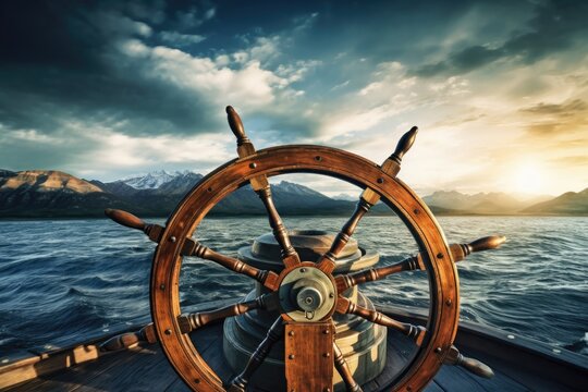 A steering wheel on a boat in the vast ocean, providing control and direction for navigating the waters, ship wheel on boat with sea and sky, AI Generated