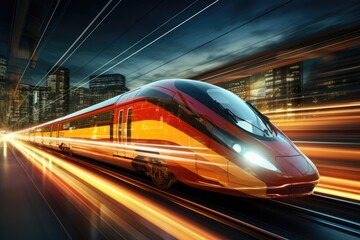 Red and Yellow Train Travelling Through City at Night, Shot of ultra fast modern train driving to his destination, fastest public transport, AI Generated
