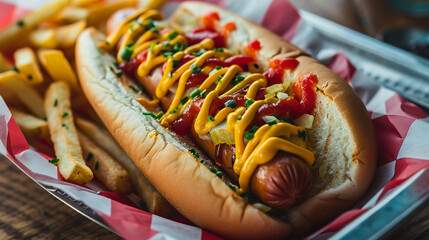 Hot Dog with French Fries close-up, angle view, ultra realistic food photography