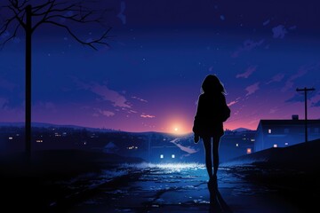 A woman walks confidently down a dimly lit street in a bustling city at nighttime, Silhouette of a young woman walking home alone at night, AI Generated