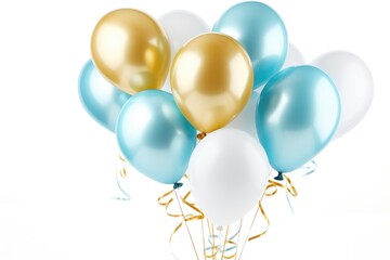 An assortment of blue and gold balloons arranged on a white background, adding a lively and celebratory touch to any event, Sky blue and gold balloons on white background, AI Generated