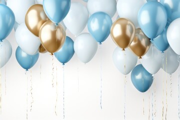 A colorful assortment of blue and white balloons adorns the ceiling, creating a festive atmosphere, Sky blue and gold balloons on white background, AI Generated