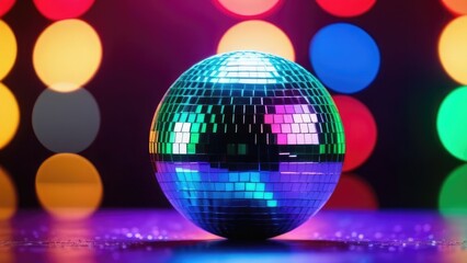 Obraz premium disco ball with disco lights. disco ball on a blue bokeh background, with reflection in the glass. concept of vacation, travel, Background for banner, flayer, advertising