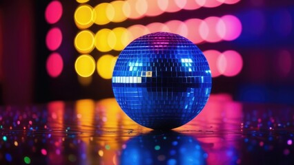 Fototapeta na wymiar disco ball and lights, bokeh background, with reflection in glass. Creative color abstraction. Background for banner, flayer, advertising