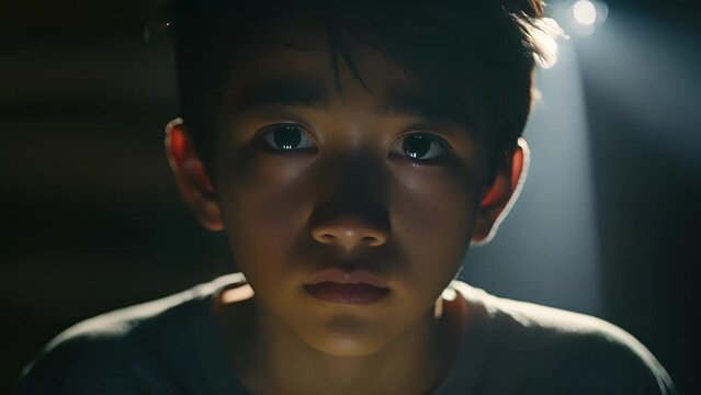 young East Asian boy, on brink of adolescence, seen in homely setting with soft lighting. face mirrors focus and courage hes working towards overcoming common childhood fear of darkness through