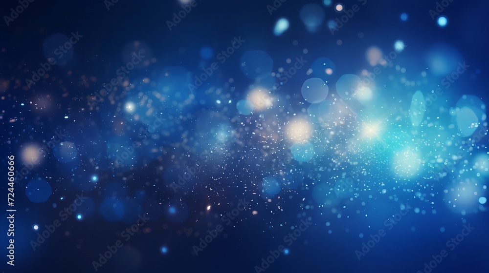 Poster blue glowing particles on dark background with bokeh effect