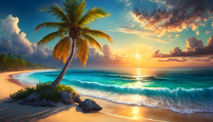 Blue sea and palm trees on tropical beach - obrazy, fototapety, plakaty