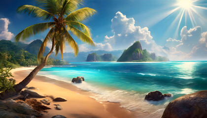 Blue sea and palm trees on tropical beach - obrazy, fototapety, plakaty