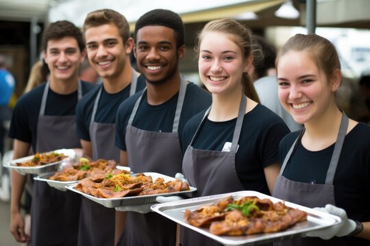 A dynamic image capturing a diverse group of individuals holding trays of delicious food, ready for a gathering or event, Smiling students standing in line holding food trays, AI Generated