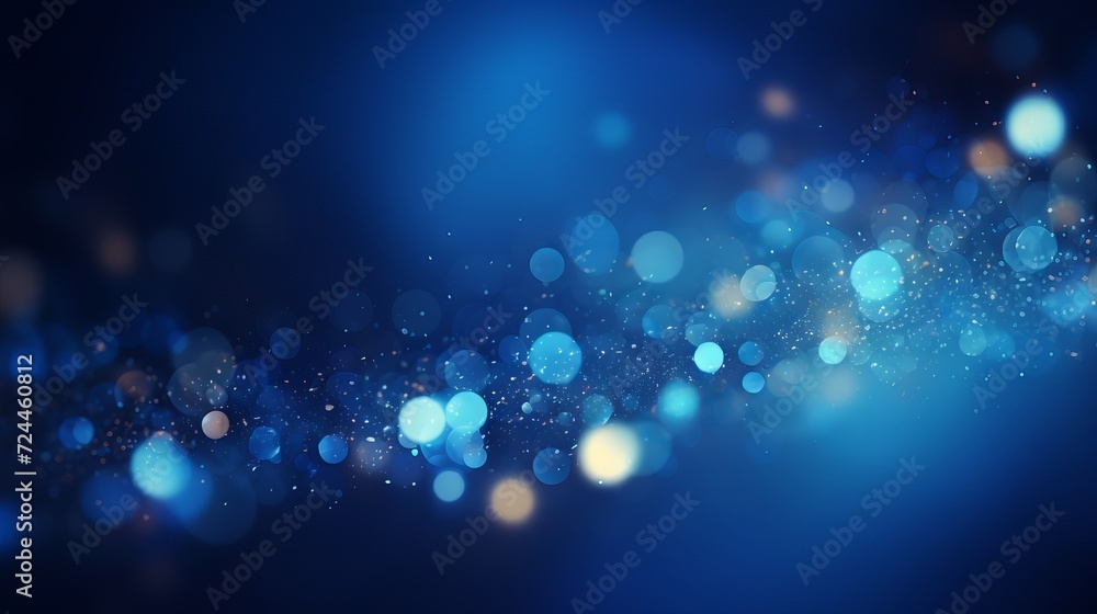 Poster blue glowing particles on dark background with bokeh effect