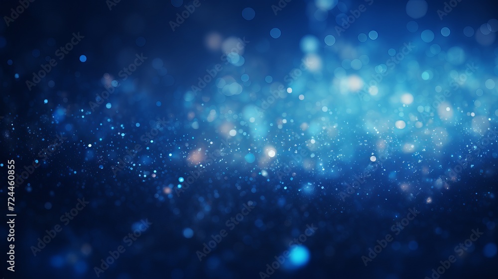 Poster blue glowing particles on dark background with bokeh effect