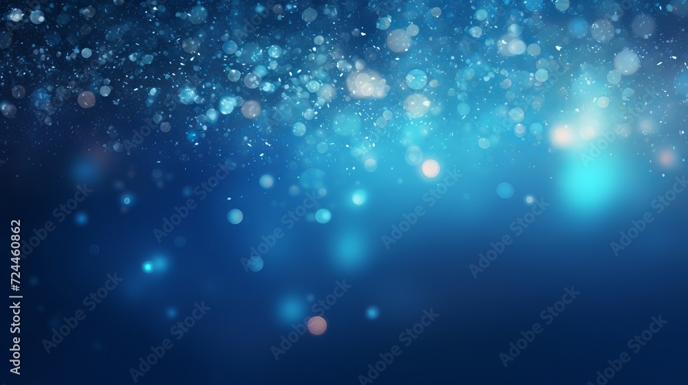 Poster blue glowing particles on dark background with bokeh effect