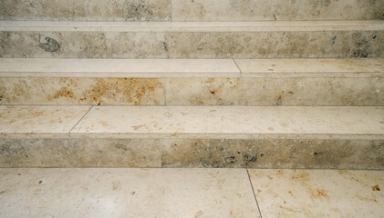 Steps of a beige colored stone staircase close-up.
