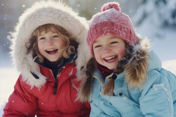 Fototapeta premium Two young girls enjoying a day in the snow as they sit together in winter, snow Days, Sunny Smiles Children's Happiness, AI Generated