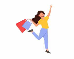Happy customer with bag full of discount purchases shopping vector illustration