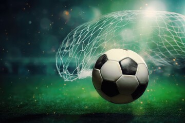 Naklejka premium A soccer ball sits in front of a net, poised and ready for play, Soccer ball kicked into the goal net on the football field background, AI Generated