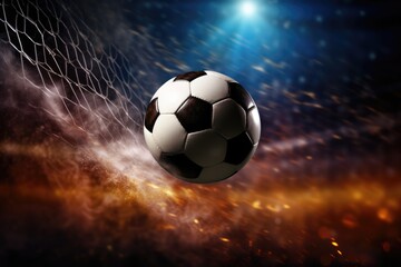 Fototapeta premium A soccer ball rests perfectly in the goal net, symbolizing victory and the successful completion of a winning shot, Soccer ball kicked into the goal net on the football field background, AI Generated