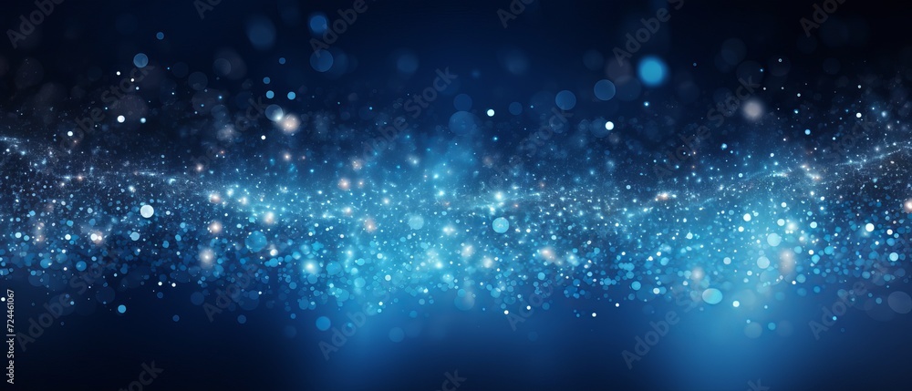 Poster blue glowing particles on dark background with bokeh effect