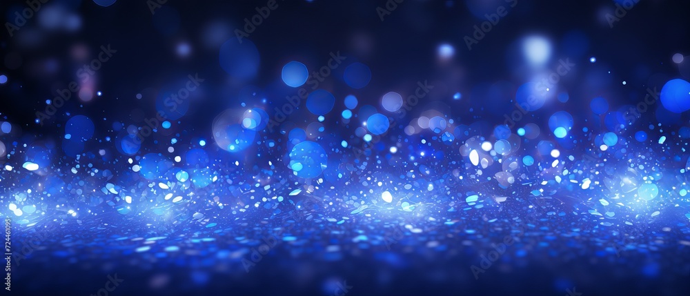 Poster blue glowing particles on dark background with bokeh effect