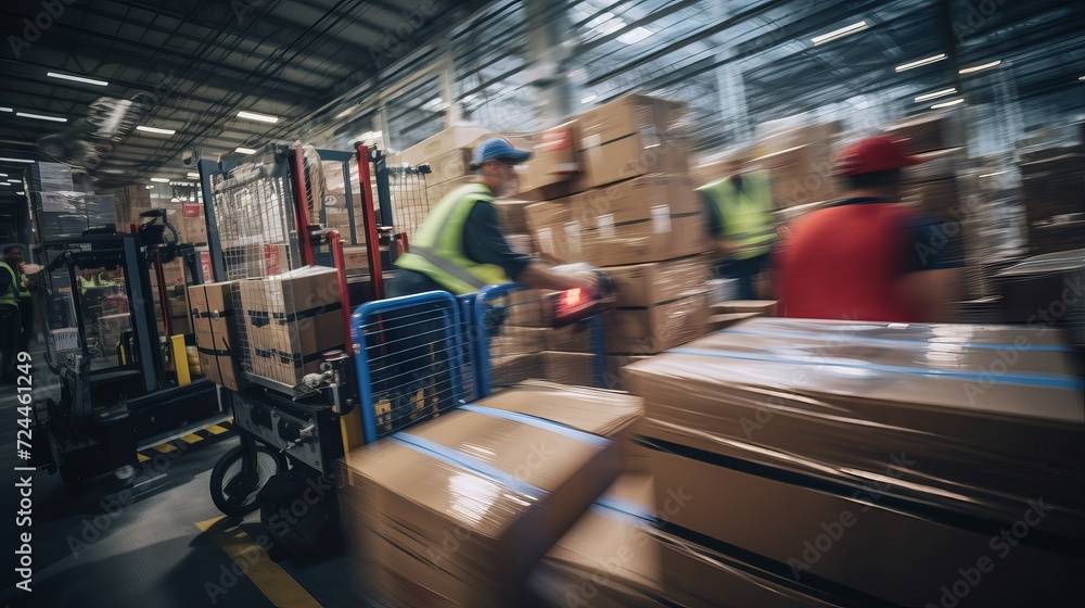 Poster warehouse workers in motion, handling cargo boxes with speed and skill