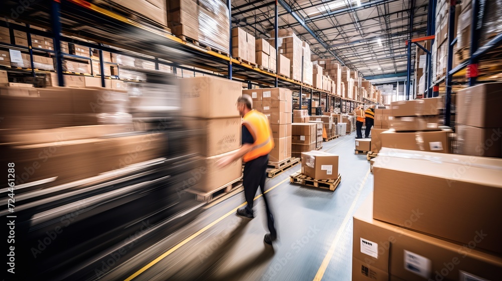 Poster warehouse workers in motion, handling cargo boxes with speed and skill