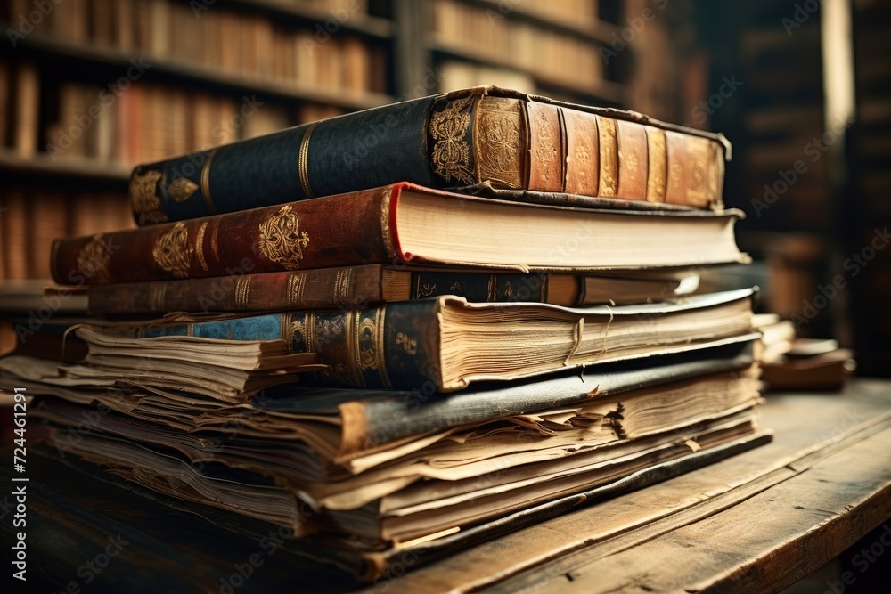 Aufkleber a stack of books sitting neatly on a wooden table, ready to be picked up and explored, stack of old 