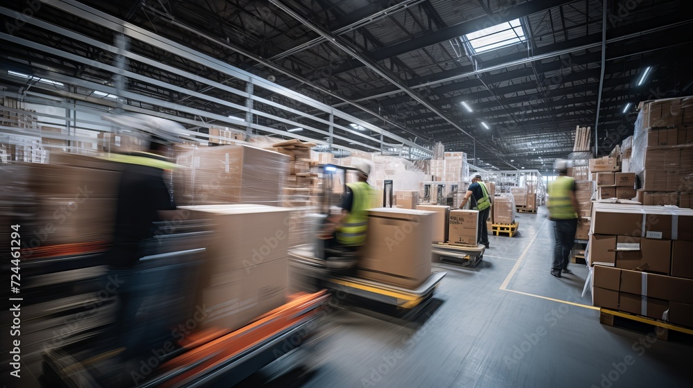 Poster warehouse workers in motion, handling cargo boxes with speed and skill