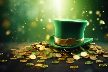 Obraz na płótnie Canvas A vibrant green top hat rests atop a stack of gleaming coins, creating a striking image of wealth and style, St, Patrick's Day background with a leprechaun hat and gold coins, AI Generated