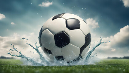 Soccer ball on a football field in splashing drops action at summer day under sky with clouds.