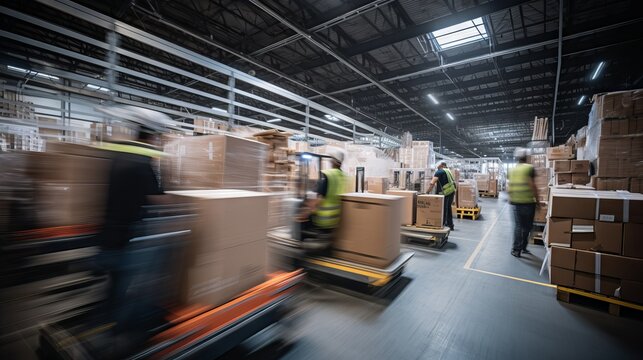 Warehouse workers in motion, handling cargo boxes with speed and skill
