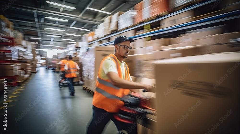 Poster warehouse workers in motion, handling cargo boxes with speed and skill