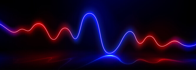 Neon laser wave for music equalizer concept. Realistic vector illustration of abstract red and blue glow line as sound energy pulse. Gradient led fluorescent dynamic chart for synthwave design. - obrazy, fototapety, plakaty